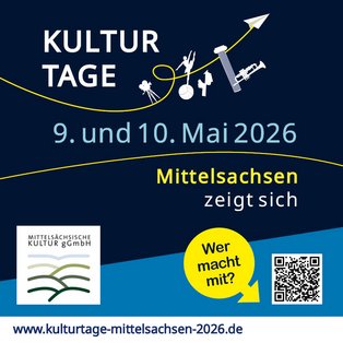 Logo der Kulturtage Mittelsachsen am 9. und 10. Mai 2026. Der Hintergrund ist dunkelblau, darauf findet sich die Beschriftung mit dem Termin, einem QR-Code als Link zu den teilnehmenden Akteuren und das Logo des Veranstalters (Mittelsächsische Kultur gGmbH).